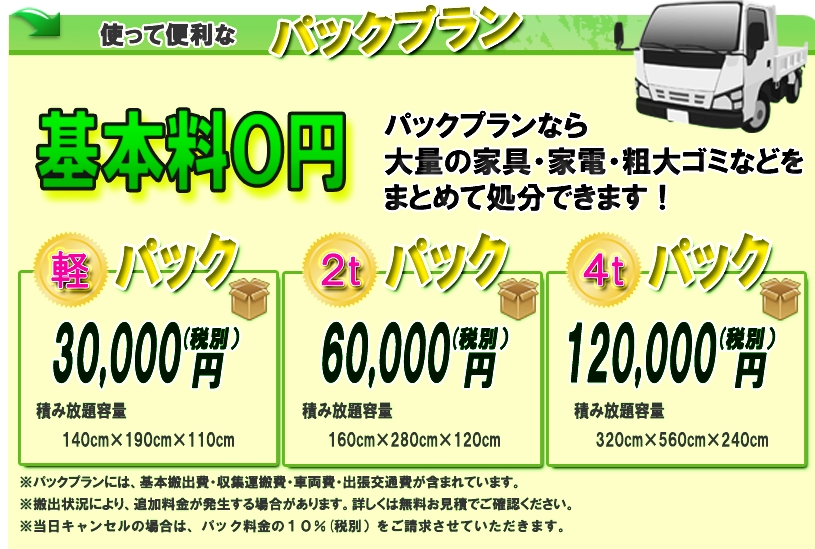 不用品をまとめて一気に回収したいならお得なパックプランがおすすめです。当社では、何でも混載で積み込みOKです。プランは三つ。用途に合わせてご利用頂けます。